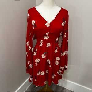 En Creme Red Floral Fit and Flare‎ Dress S